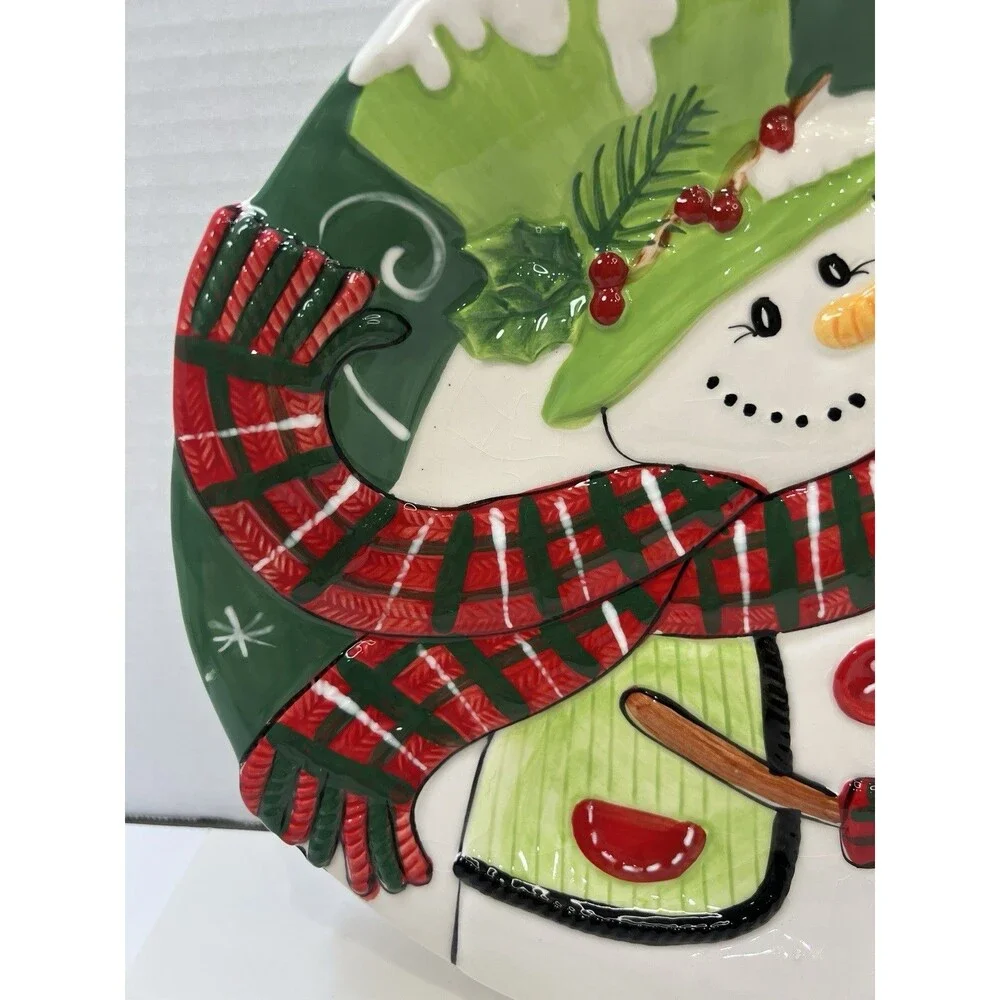 FITZ & FOYD Platter Holly Hat Snowman Christmas Wishes Embossed Cookie Tray